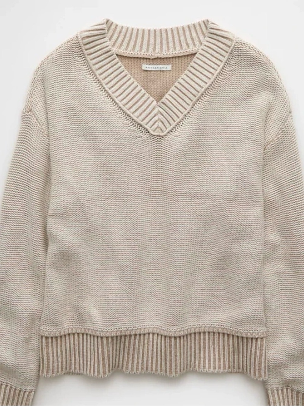 American Eagle Long Weekend V Neck Sweater 100% Cotton - Beige